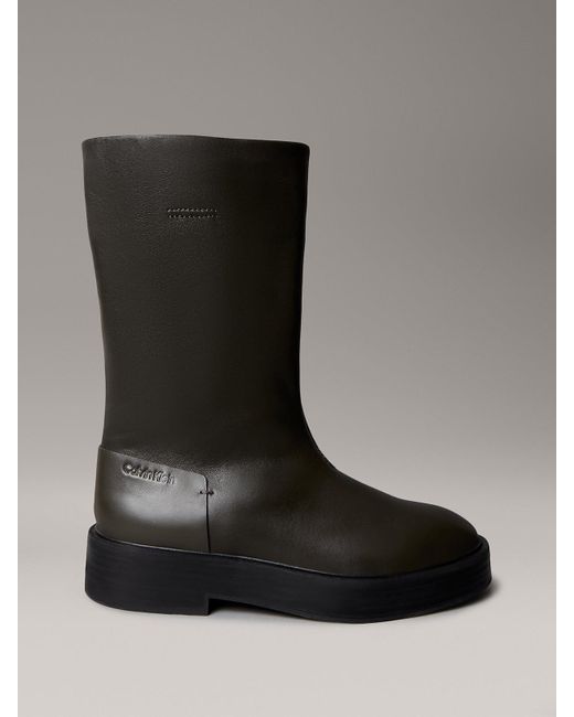 Calvin Klein Black Leather Stacked Heel Boots