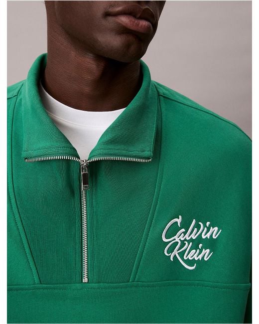 Calvin Klein Green Premium Fleece Relaxed Quarter Zip Sweatshirt for men