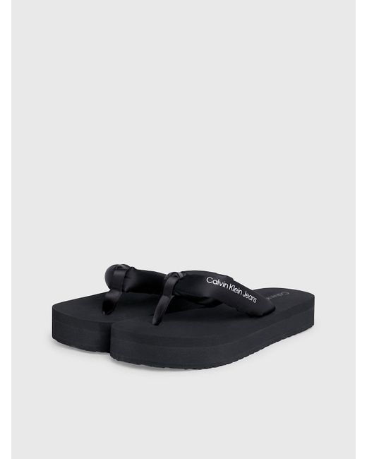 Calvin Klein Black Satin Platform Flip Flops