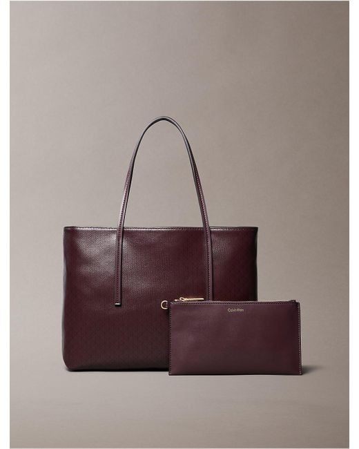 Calvin Klein Brown Allover Monogram Logo Small Tote Bag With Pouch
