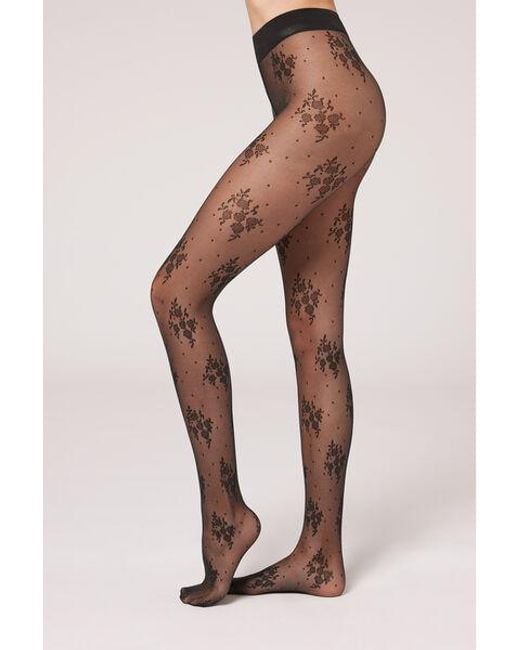 Calzedonia Black Floral And Micro Polka Dot 40 Denier Tulle Tights
