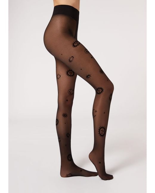 Calzedonia 30 Denier Sun And Moon Flock Sheer Tights in Black