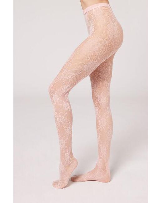 Calzedonia Pink Floral Pattern Fishnet Tights Pale