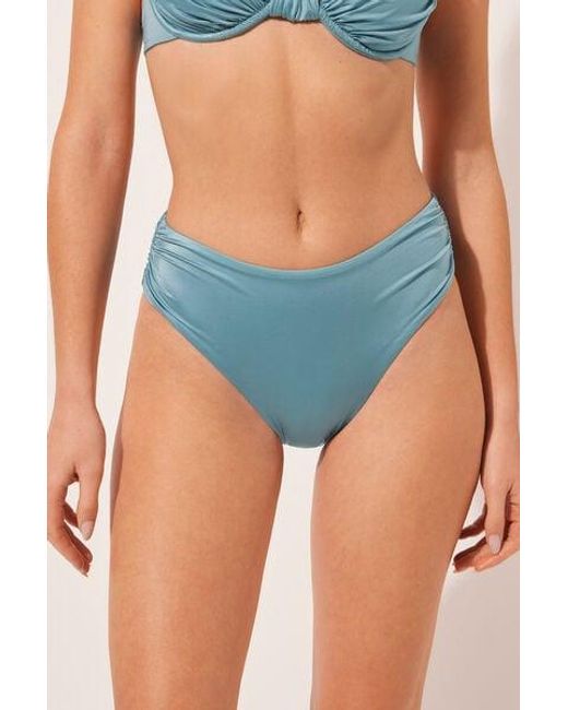 Calzedonia Blue High-Waist Bikini Bottoms Shiny Satin Light
