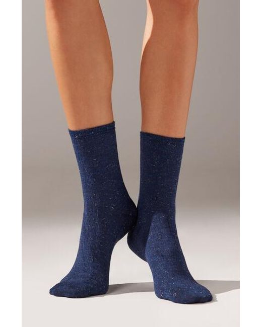 Calzedonia Blue Glitter Ribbed Short Socks With Cashmere