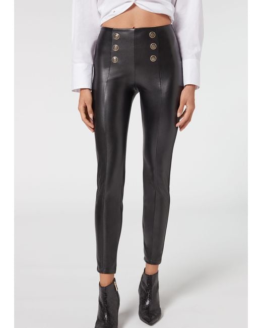 Calzedonia Skinny Sailor Coated-effect leggings With Buttons in