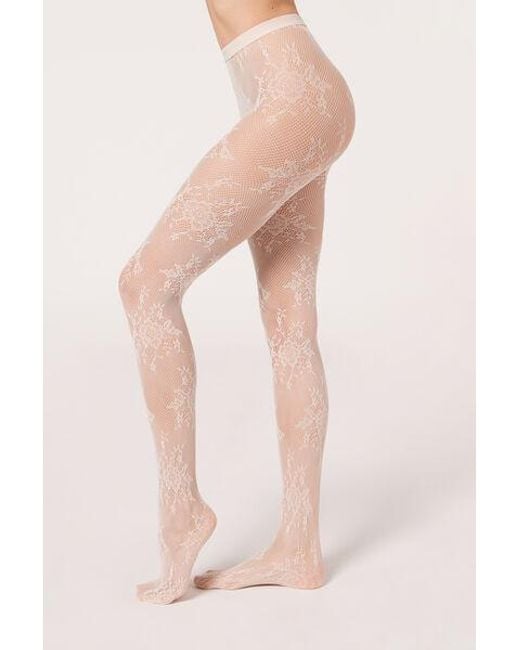Calzedonia Pink Floral Lace Fishnet Tights