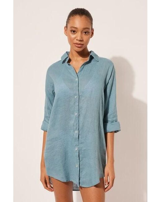 Calzedonia Blue Linen Shirt Dress Light