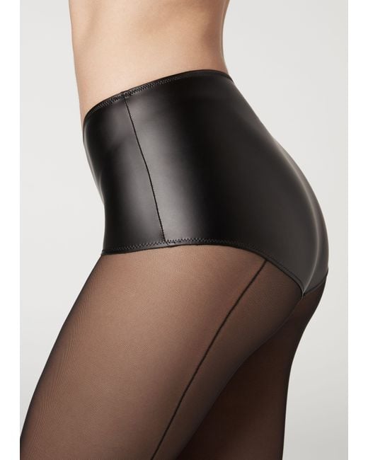 Collant in tulle con slip effetto pelle e cucitura posteriore di Calzedonia  in Nero | Lyst