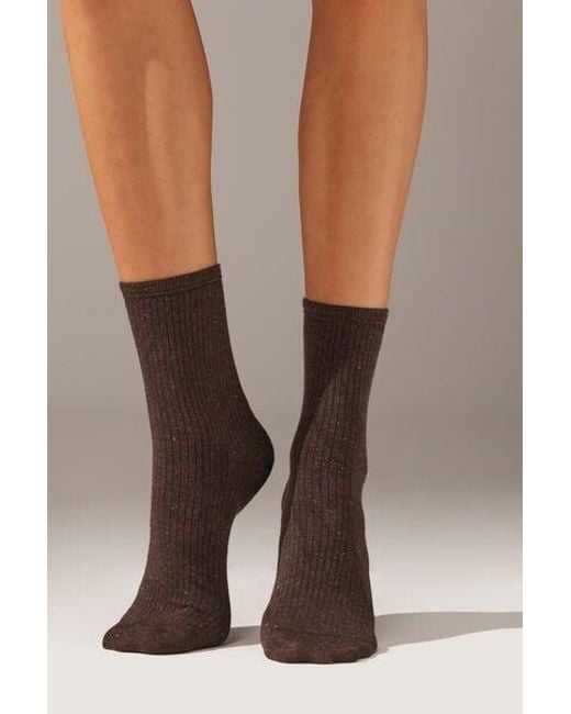 Calzedonia Brown Glitter Ribbed Short Socks With Cashmere