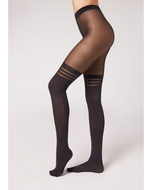 Calzedonia White Over-knee Effect Tights With Diamanté