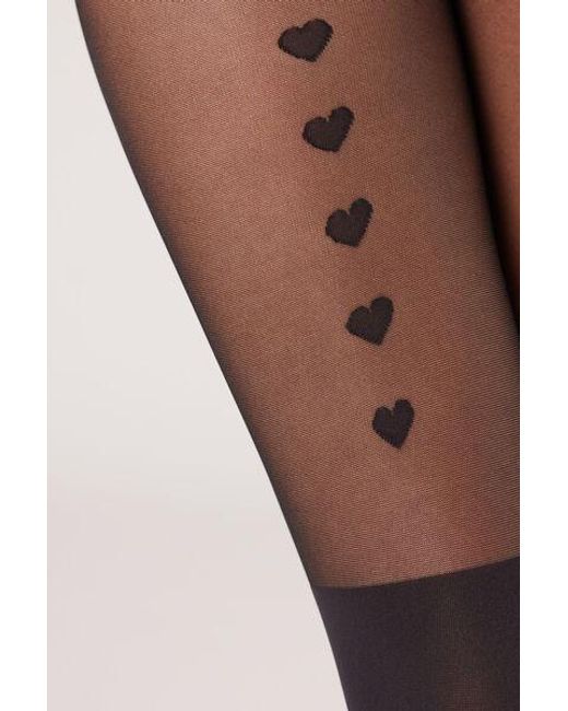 Calzedonia Black Longuette-Effect Tights With Heart Stripe