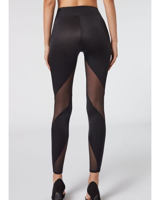 Calzedonia Super Shiny leggings With Tulle Inserts in Black