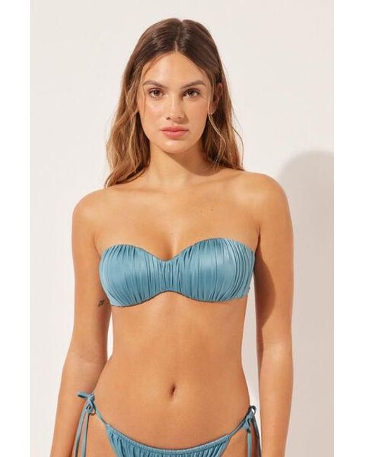 Calzedonia Blue Graduated Padded Bandeau Bikini Top Shiny Satin Light