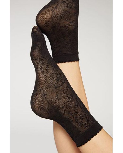 Calzedonia Black Floral-Patterned Mesh Short Socks
