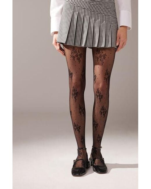 Calzedonia Black Floral And Micro Polka Dot 40 Denier Tulle Tights