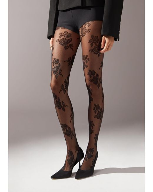 Calzedonia 40 Denier Rose Pattern Tulle Tights in White