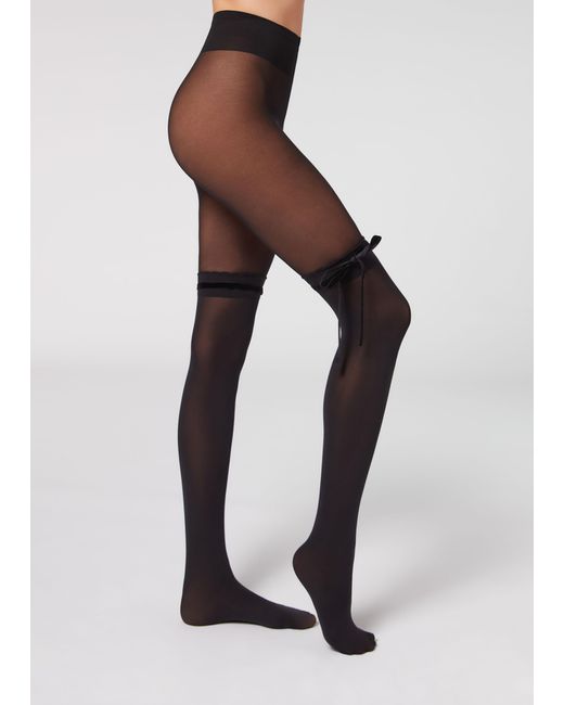 Calzedonia Black Over-knee Effect Tights With Velvet Ribbon