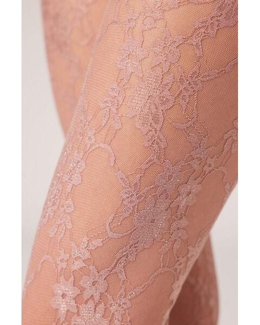 Calzedonia Pink Floral Lace Fabric Tights