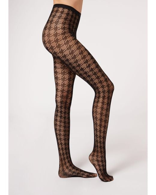 Calzedonia Black Houndstooth Pattern Fishnet Tights