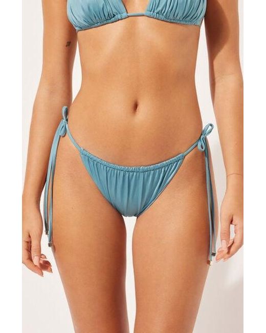 Calzedonia Blue Tie Brazilian Bikini Bottoms Shiny Satin Light
