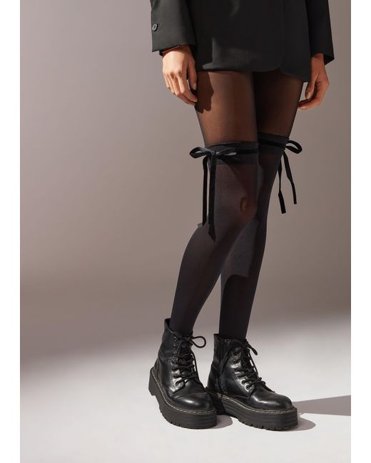 Calzedonia Black Over-knee Effect Tights With Velvet Ribbon