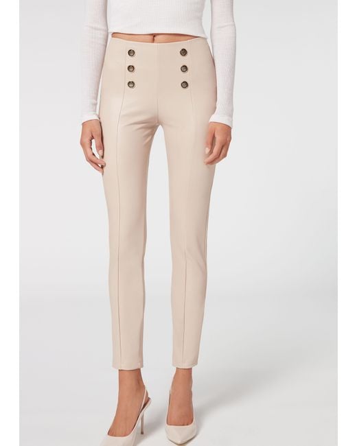 Calzedonia Skinny Sailor Coated-effect leggings With Buttons in Natural
