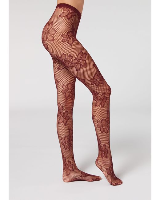 Calzedonia Red Large Flower Pattern Fishnet Tights