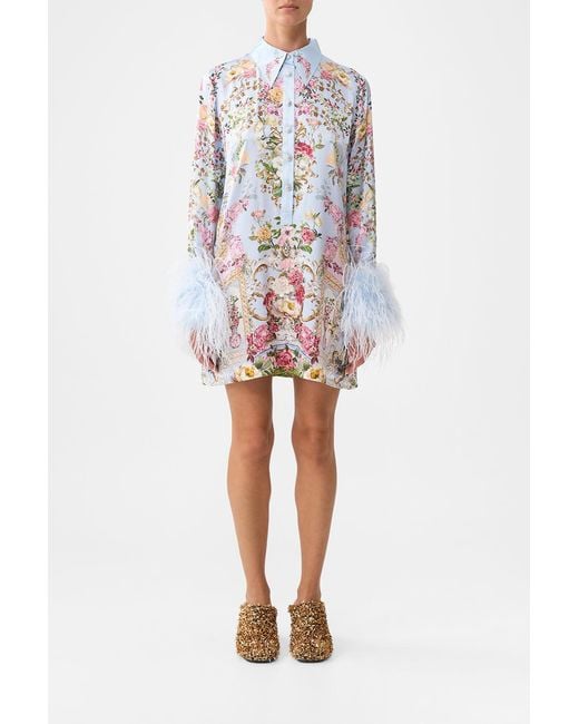 Camilla Purple Mini Shirt Dress With Feathers Tiled