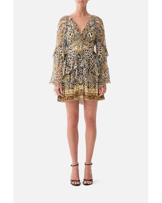 Camilla Yellow Short Waistband Dress With Ruffle Sleeve Leopard Libertine