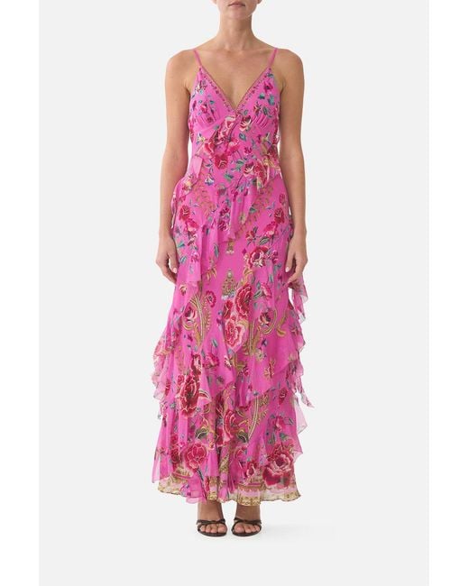 Camilla Pink Asymmetrical Ruffle Slip Dress Matadora Flora