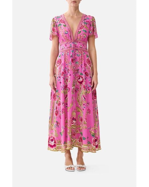 Camilla Pink V-Neck Tie Front Midi Dress Matadora Flora