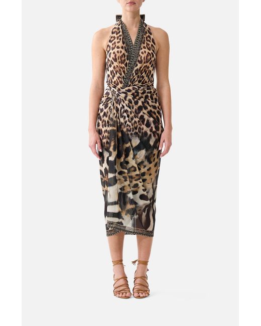 Camilla Black Mesh Halterneck Ruched Midi Dress Leotigra Land