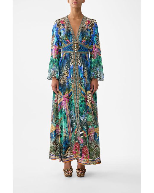 Camilla Blue Shaped Waistband Dress With Ruffle Sleeve Animal Alchemy