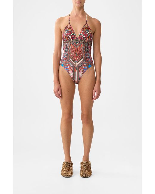 Camilla Red Chain Detail Tri Bodysuit With Mesh Inserts Patchwork Alchemy