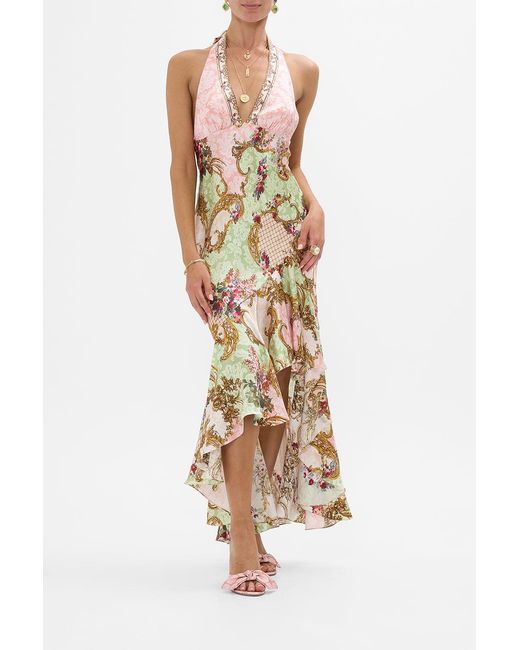 Camilla Metallic Bias Halter Dress With Ruffle Hem The Queens Quarters
