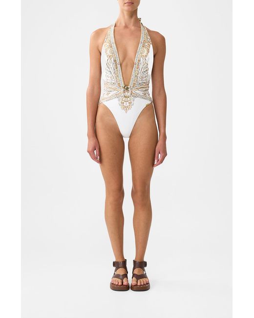 Camilla White Plunge Halter One Piece With Pleated Waist Trim Ottoman Dynasty