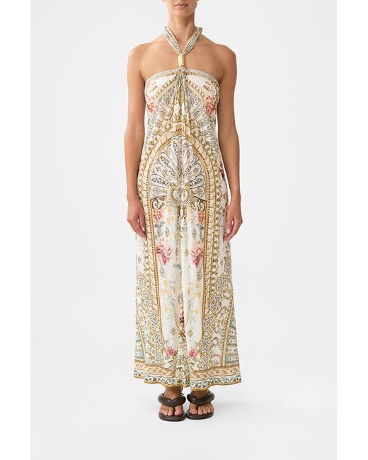 Camilla White Long Draped Linen Jersey Halter Dress Ottoman Dynasty