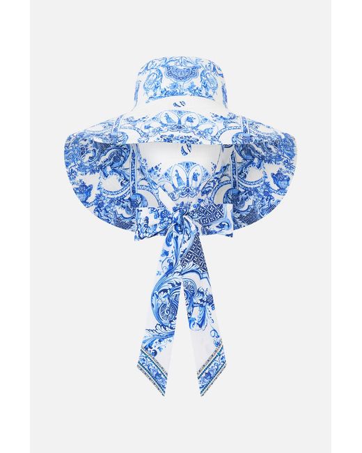 Camilla Blue Wide Brim Bucket Hat With Tie Ceramic Panoramic