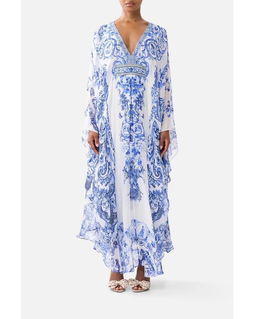 Camilla Blue Long Kaftan With Waist Detail Ceramic Panoramic
