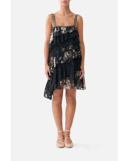 Camilla Black Asymmetric Spliced Lace Mini Dress Flamenco Folklore