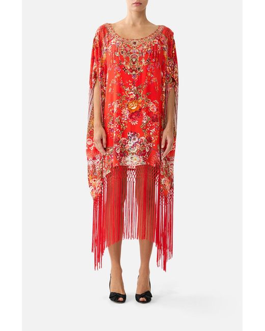 Camilla Red Short Round Neck Kaftan With Fringing Olé Olé