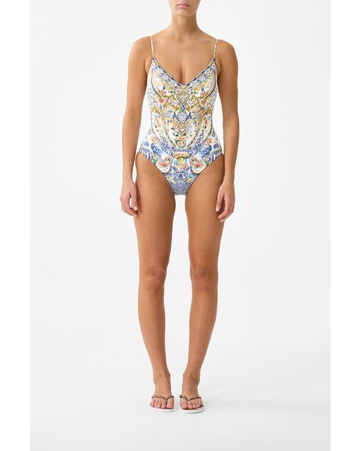 Camilla Multicolor V Neck One Piece W Lace Up Tie Back