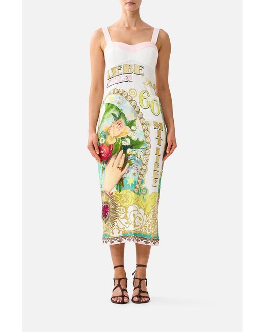 Camilla Yellow Form Fitted Midi Dress With Topstitching Painted Prayers