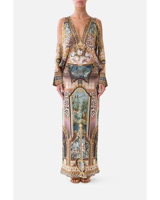 Camilla Brown Plunge Neck Draped Shoulder Dress Animals