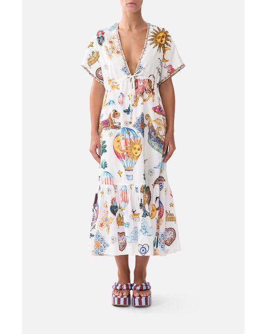 Camilla White V-Neck Embroidered Midi Dress Kapadokya Kitsch