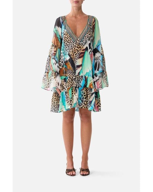 Camilla Blue A-Line Gathered Panel Dress Butterfly Bohemia