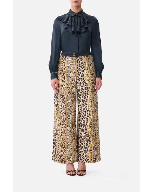 Camilla Blue Collared Shirt With Frill Neck Detail Leopard Libertine