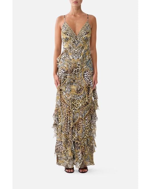 Camilla Natural Asymmetrical Ruffle Slip Dress Leopard Libertine