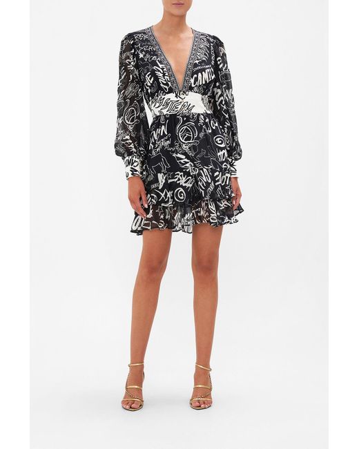 Camilla Button Front Frill Dress Spirit Scribble in Black | Lyst